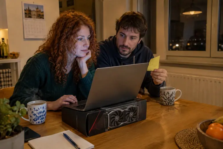 Un soir de novembre, un couple compare des offres de cartes graphiques sur un ordinateur portable, un budget noté sur un papier adhésif