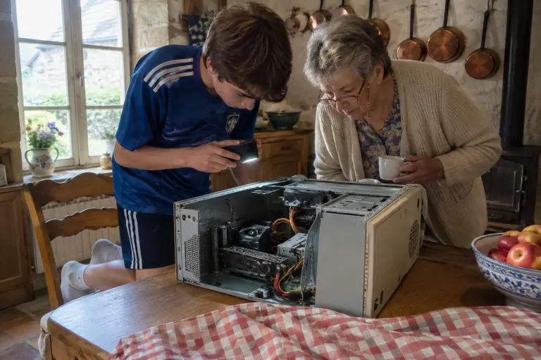 Dans une cuisine normande, un adolescent éclaire à la lampe de son téléphone la petite carte graphique d’un vieux PC sous le regard de sa grand-mère