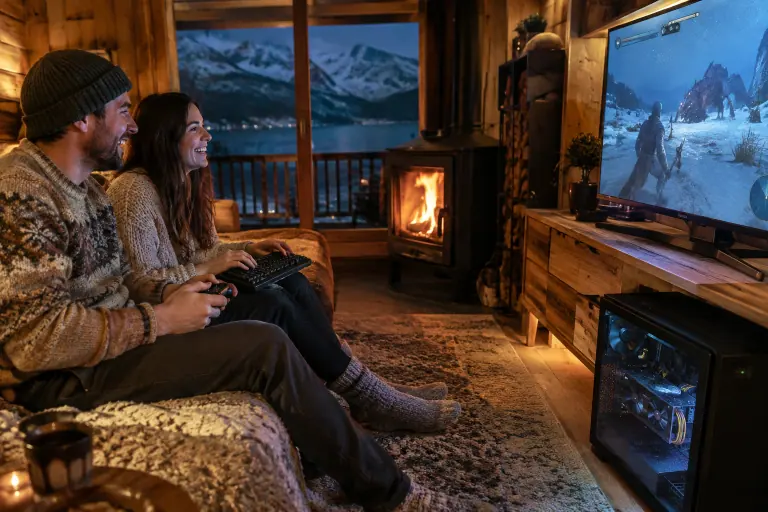 Un couple joue en coopération dans un salon de chalet près d’un poêle, à côté d’une tour vitrée équipée d’une longue carte graphique