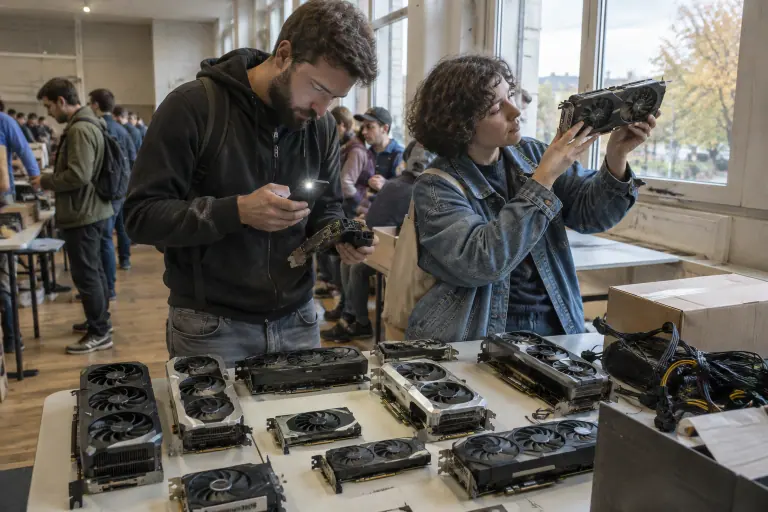 Deux amis inspectent des cartes graphiques d’occasion de tailles différentes sur une table pliante, lors d’une bourse informatique dans une salle des fêtes