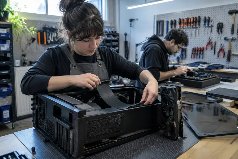 Une technicienne guide un câble riser PCIe plat dans un boîtier où une grande carte graphique est déjà montée à la verticale