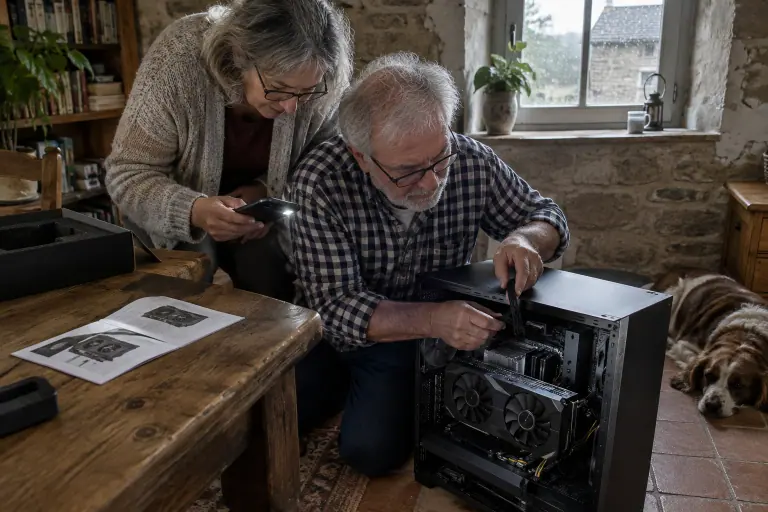 Dans une longère normande, un retraité branche le câble 8 broches d’une carte graphique compacte dans un PC de bureau, éclairé par sa femme
