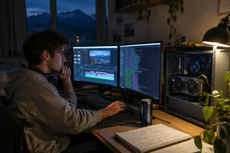 La nuit à Grenoble, un étudiant monte une vidéo sur deux écrans, à côté d’un PC ouvert équipé d’une carte graphique à deux ventilateurs