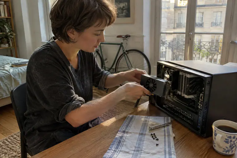 Une femme installe une petite carte graphique à un ventilateur, sans câble d’alimentation, dans un PC de bureau compact ouvert sur un bureau étroit