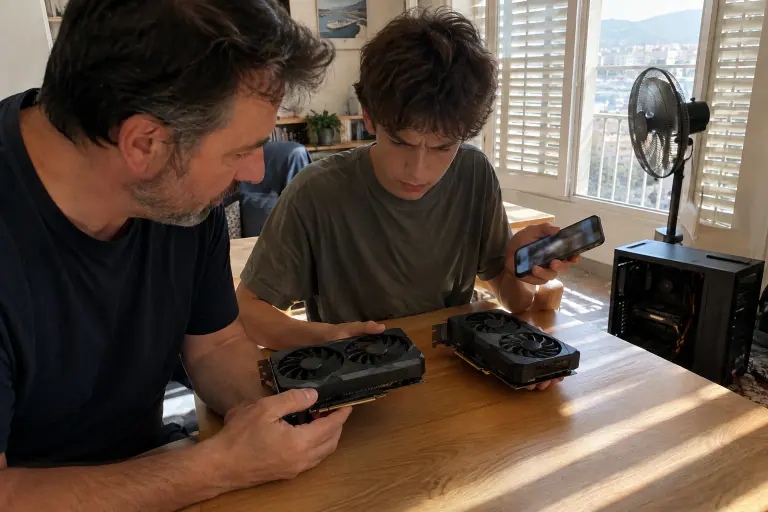 Un père et son fils adolescent comparent deux cartes graphiques d’occasion presque identiques à deux ventilateurs sur une table, dans un salon ensoleillé