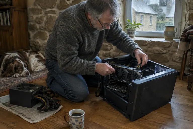 Un homme d’une soixantaine d’années branche le câble 8 broches d’une carte graphique à deux ventilateurs dans une tour posée au sol, un chien endormi à côté