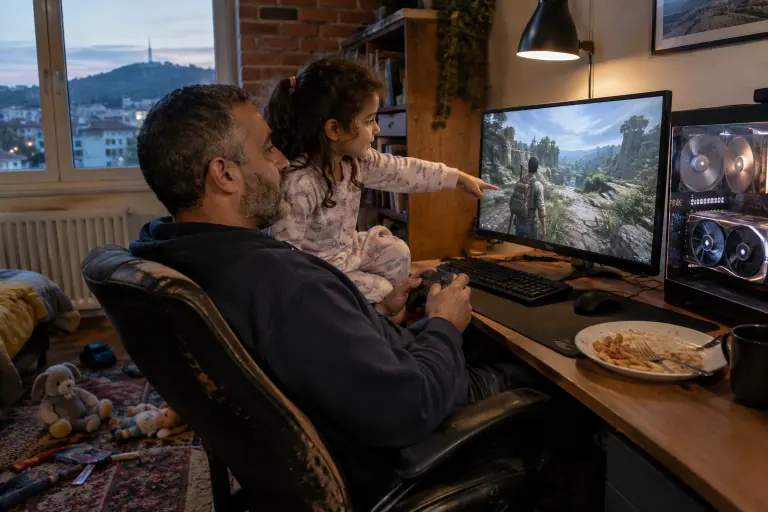 Un père joue à un jeu d’aventure sur un écran de 27 pouces avec sa fille assise sur l’accoudoir, à côté d’un PC vitré équipé d’une carte à deux ventilateurs