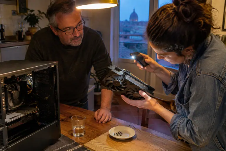 Une jeune femme inspecte à la lampe de son téléphone une carte graphique d’occasion à deux ventilateurs que lui vend un homme, sur une table de cuisine