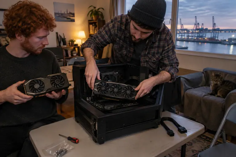 Deux amis installent une longue carte graphique d’occasion à trois ventilateurs dans un PC plus ancien, posé sur une table pliante au Havre