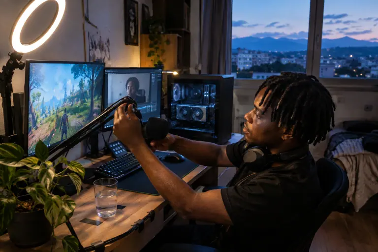 À Pau, un jeune streameur règle son micro devant deux écrans, à côté d’un PC compact vitré équipé d’une carte graphique à deux ventilateurs