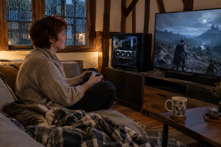 À Rouen, une femme joue sur un grand téléviseur depuis son canapé, relié à un PC vitré équipé d’une longue carte graphique à trois ventilateurs