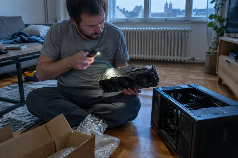 Assis par terre dans son salon, un homme éclaire à la lampe de son téléphone l’étiquette au dos d’une carte graphique d’occasion à trois ventilateurs