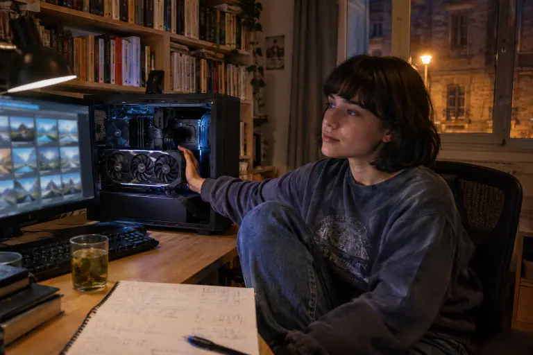 Une doctorante assise devant un grand boîtier ouvert où tourne une très épaisse carte graphique à trois ventilateurs, tard le soir dans son bureau
