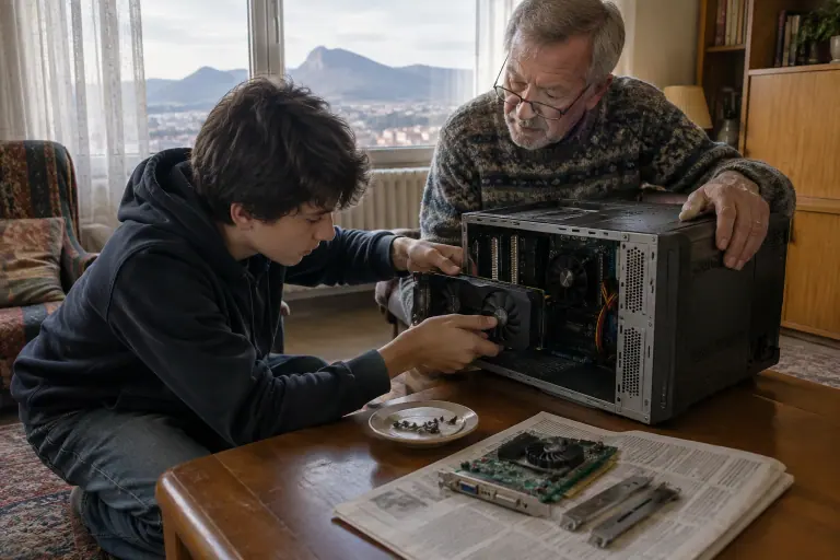 Un adolescent installe une petite carte graphique à deux ventilateurs dans un vieux PC de bureau couché sur la table basse, sous l’œil de son grand-père