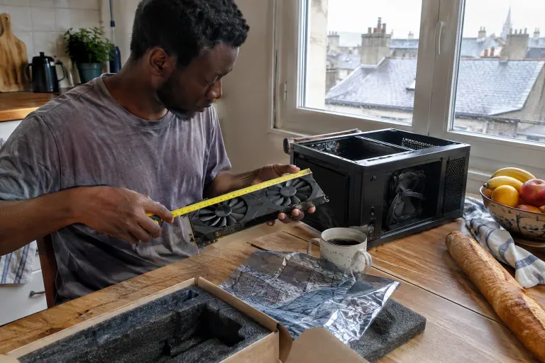 Dans une cuisine au petit matin, un homme mesure au mètre ruban une carte graphique à deux ventilateurs tout juste déballée, près d’un petit boîtier ouvert