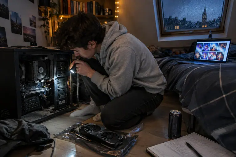 Dans une chambre d’étudiant à Lille, un jeune homme éclaire le port PCIe d’une vieille carte mère avant d’installer une carte graphique à deux ventilateurs