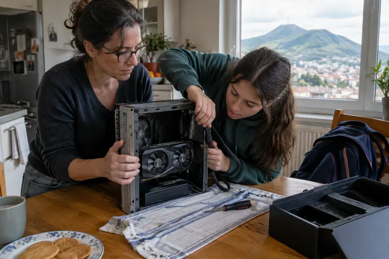 Dans une cuisine de Clermont-Ferrand, une adolescente branche un câble 8 broches sur une petite carte graphique à deux ventilateurs, aidée par sa mère