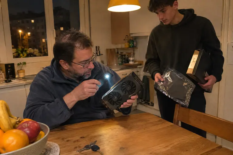 Dans une cuisine nantaise, un acheteur inspecte à la lampe du téléphone les ventilateurs d’une carte graphique d’occasion devant le vendeur