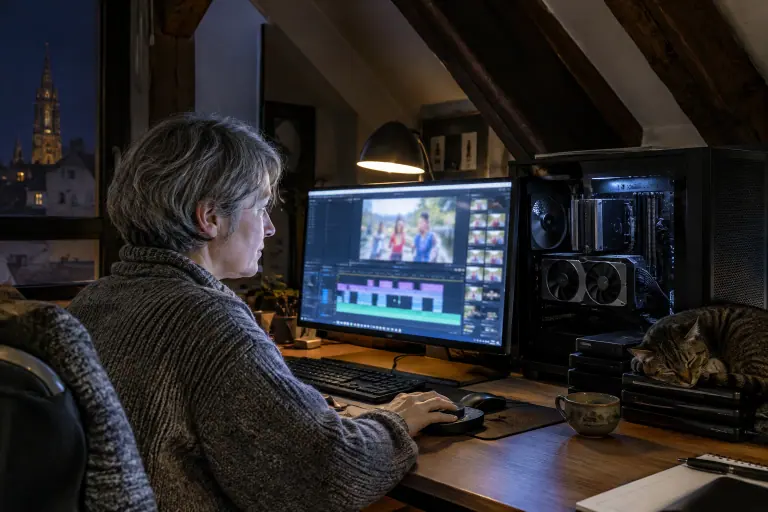 Tard le soir, une femme monte une vidéo de famille sur un PC dont le boîtier vitré laisse voir une carte graphique compacte à deux ventilateurs