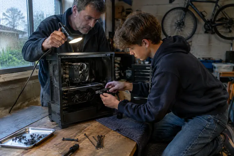 Dans un garage aménagé, un adolescent branche l’adaptateur 16 broches d’une carte graphique à deux ventilateurs pendant que son père l’éclaire