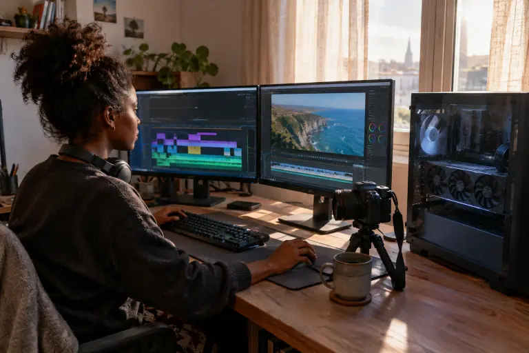 Une jeune monteuse travaille une vidéo sur deux écrans, à côté d’un PC vitré dont la carte graphique est alimentée par un câble 16 broches