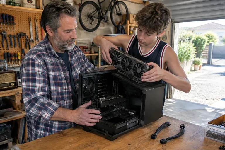 Dans un garage près de Bordeaux, un adolescent installe une longue carte graphique à trois ventilateurs dans un boîtier que son père maintient sur l’établi