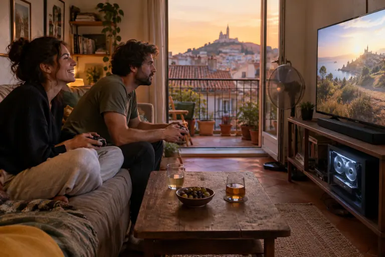À Marseille, un couple joue à la manette sur le canapé, le PC à panneau vitré et sa carte graphique à deux ventilateurs posé sous le meuble télé