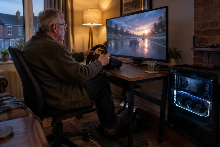Un homme d’une soixantaine d’années joue de nuit à un simulateur de course au volant, à côté d’un PC vitré équipé d’une grande carte graphique
