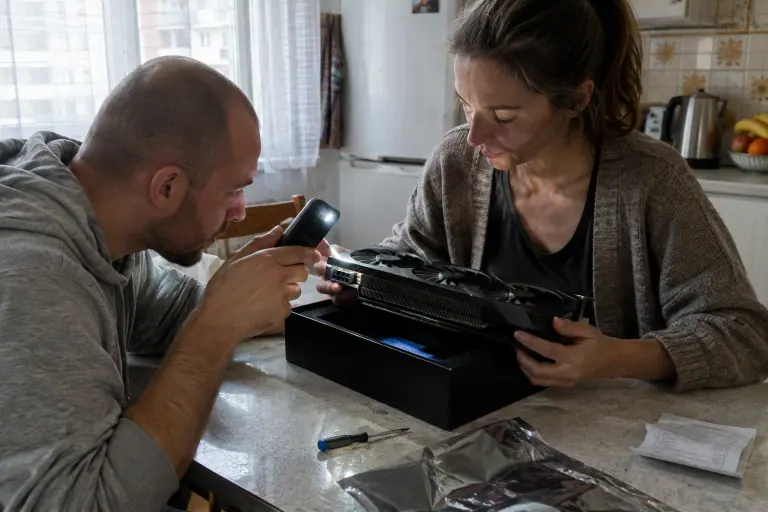 Dans une cuisine nantaise, un acheteur éclaire à la lampe de son téléphone la prise 16 broches d’une grande carte graphique d’occasion tenue par la vendeuse