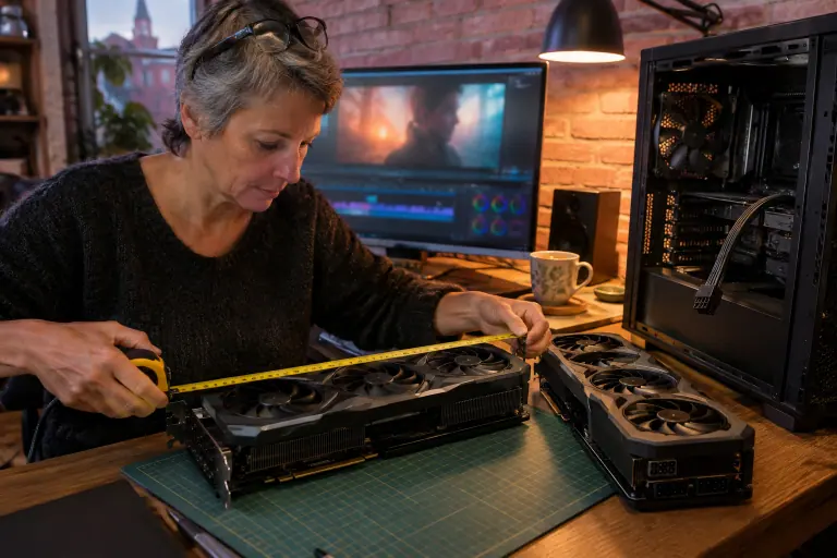Dans un studio de montage toulousain, une femme mesure au mètre ruban deux grandes cartes graphiques à trois ventilateurs posées sur son bureau