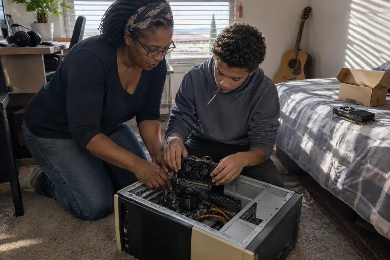 Dans une chambre à Montpellier, une mère guide les mains de son fils qui installe une petite carte graphique à deux ventilateurs dans un ancien PC de bureau