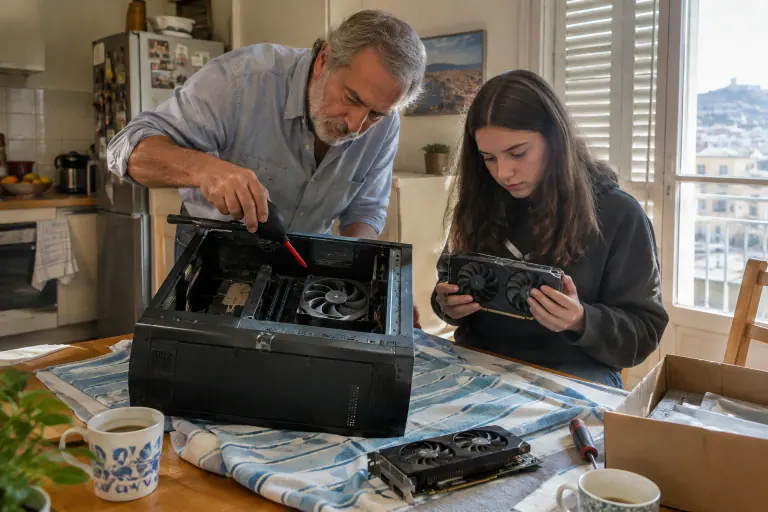 Un grand-père dépoussière un vieux PC posé sur la table de la cuisine pendant que sa petite-fille tient la nouvelle carte graphique compacte à installer