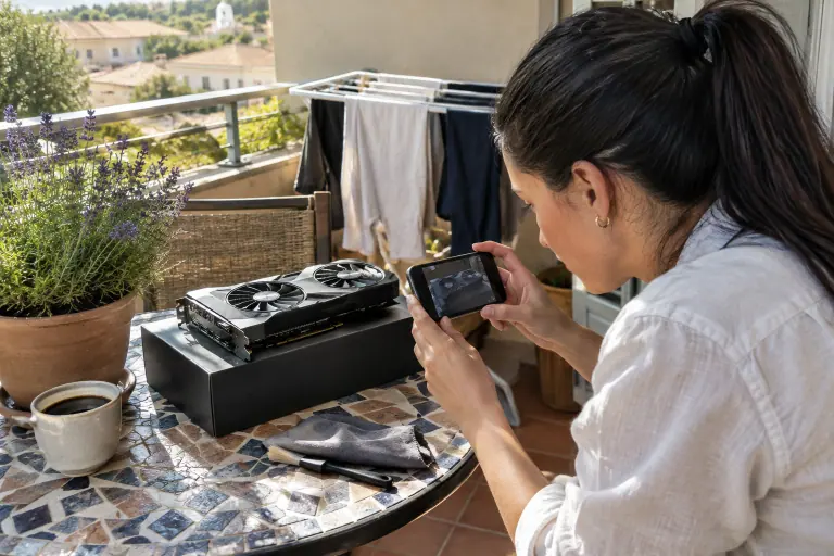 Sur un balcon à Montpellier, une jeune femme photographie avec son téléphone une carte graphique d’occasion posée sur sa boîte, avant de la revendre