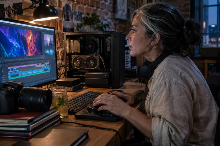 Dans un atelier de montage lyonnais, une monteuse travaille tard sur sa timeline, à côté d’un PC ouvert équipé d’une carte graphique à deux ventilateurs