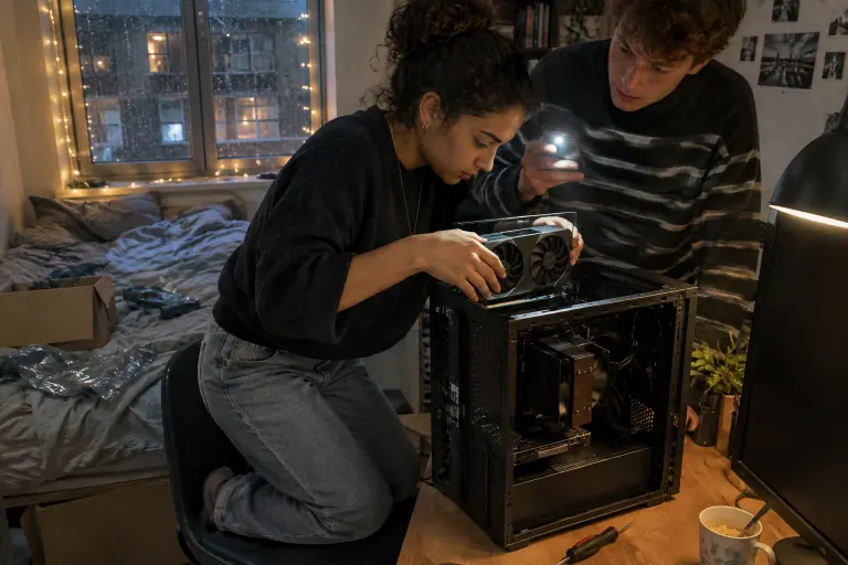 Dans une chambre d’étudiant à Lille, une jeune femme installe une carte graphique compacte à deux ventilateurs, éclairée par la lampe de son colocataire