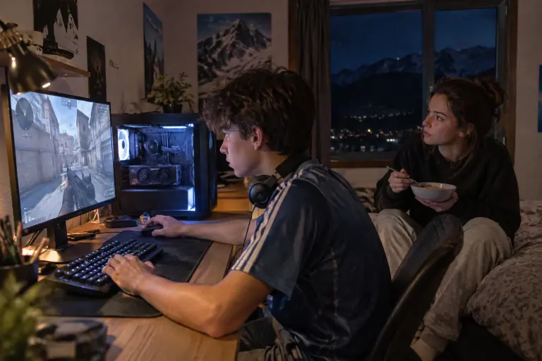 Un adolescent joue à un jeu de tir sur un écran de 24 pouces dans sa chambre, sa sœur assise derrière lui, à côté d’un PC vitré équipé d’une carte compacte
