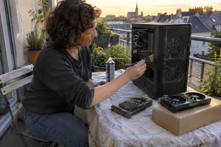 Sur un balcon à Nantes, une femme dépoussière un vieux PC au pinceau avant d’y installer une carte graphique neuve à deux ventilateurs posée sur sa boîte