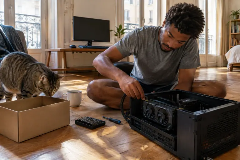 Dans une colocation bordelaise, un jeune homme assis par terre branche le câble 8 broches d’une carte graphique compacte, sous l’œil curieux d’un chat