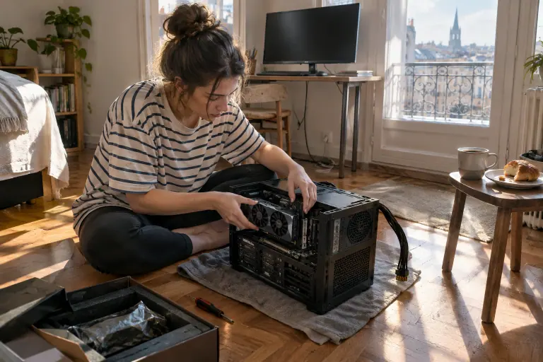 Un matin dans un studio ensoleillé, une jeune femme assise par terre installe une carte graphique compacte à deux ventilateurs dans un petit boîtier PC