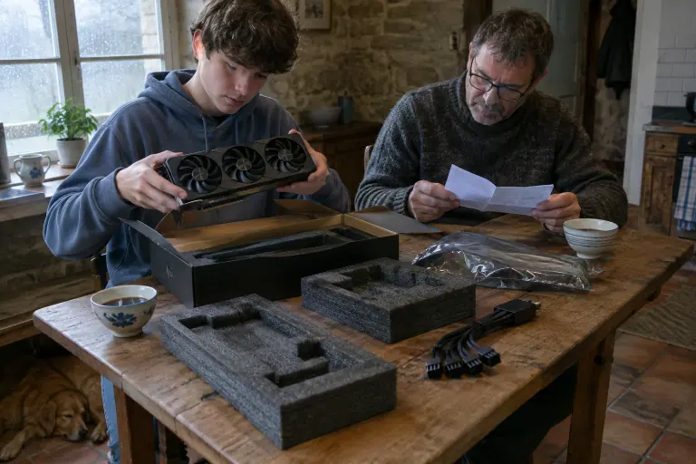 Dans la cuisine d’une maison bretonne, un adolescent sort de sa boîte une longue carte graphique à trois ventilateurs sous le regard de son père
