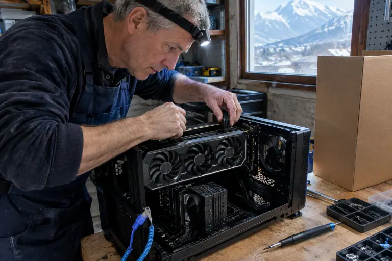 Près de Grenoble, un homme de soixante ans à la lampe frontale enfonce le câble 16 broches d’une grande carte graphique à trois ventilateurs