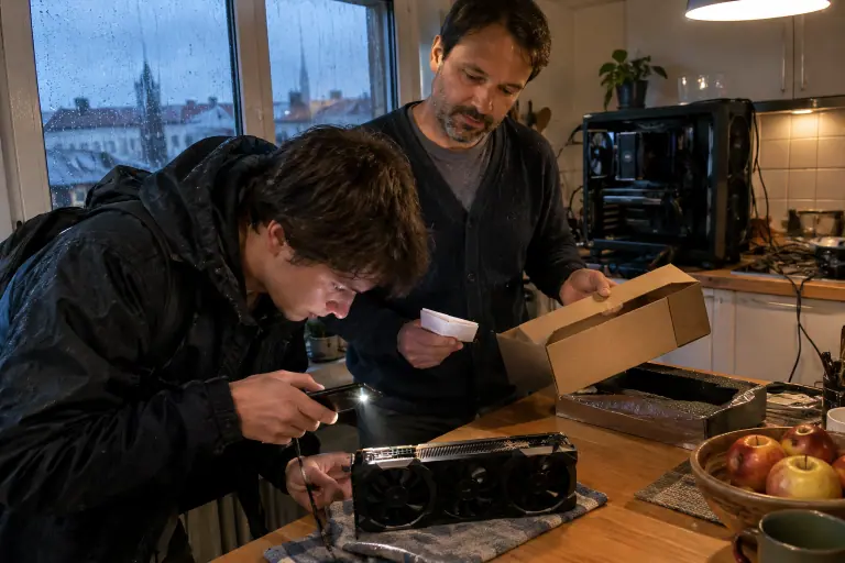 Dans une cuisine à Rennes, un jeune acheteur inspecte à la lampe la prise 16 broches d’une carte graphique d’occasion tenue par le vendeur