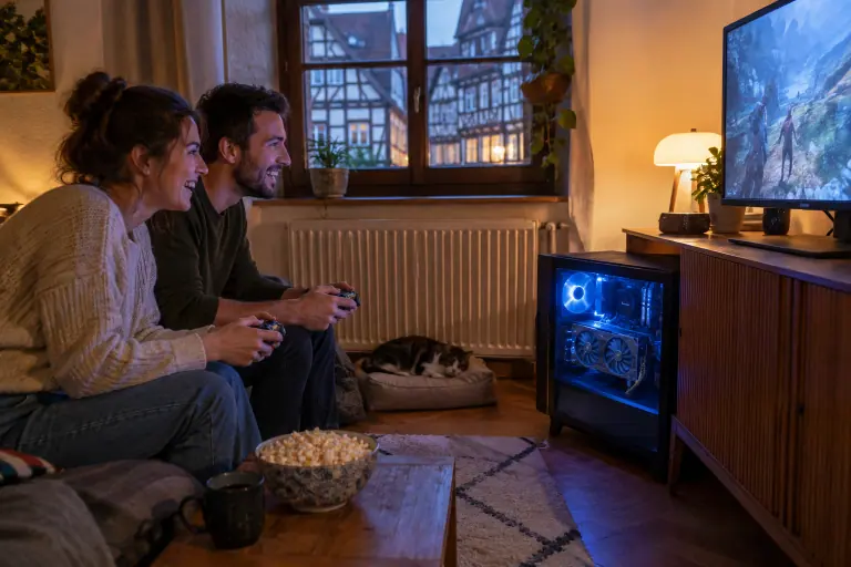 Dans un salon strasbourgeois, un couple joue en coopération sur un écran 27 pouces, près d’un PC vitré équipé d’une carte graphique à deux ventilateurs