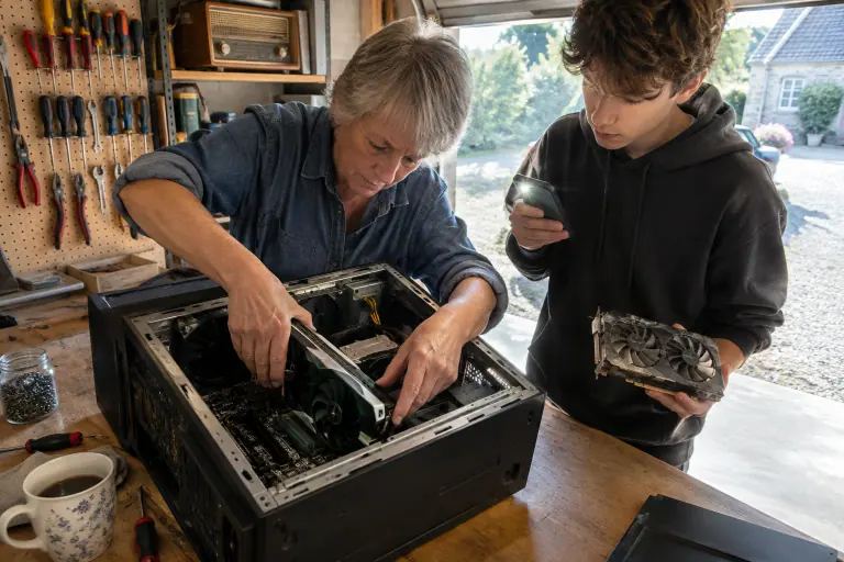 Dans un garage près de Tours, une retraitée installe une carte graphique à deux ventilateurs dans un ancien PC, aidée par son petit-fils