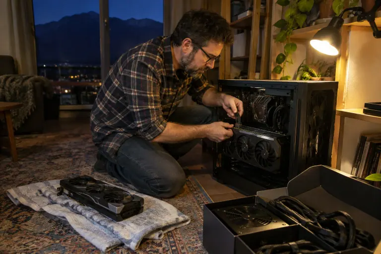 Tard le soir à Grenoble, un homme enfonce le câble 16 broches dans une grande carte graphique à trois ventilateurs, une alimentation neuve à côté de lui