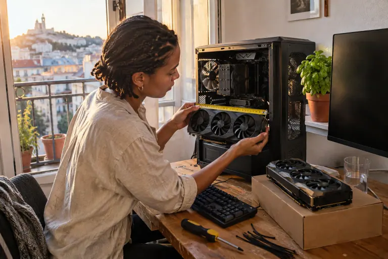 Dans un appartement marseillais, une jeune femme mesure une longue carte graphique contre son boîtier ouvert, une seconde carte posée près du clavier