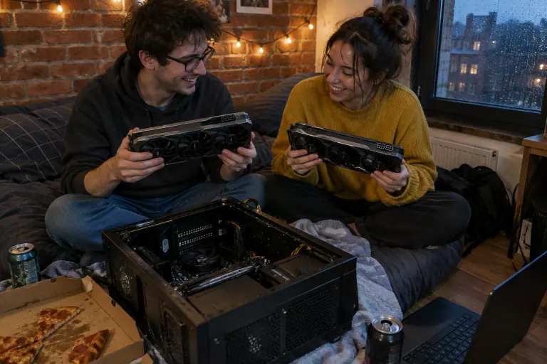 Dans une chambre d’étudiant à Lille, deux amis assis sur un lit comparent deux cartes graphiques à trois ventilateurs devant un boîtier ouvert