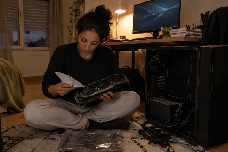 La nuit à Montpellier, une doctorante assise par terre lit la notice d’une très grande carte graphique posée sur ses genoux, près d’une tour ouverte