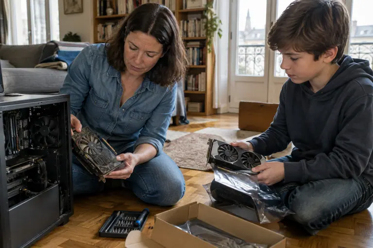 Une mère retire une vieille carte graphique d’un PC familial ouvert pendant que son fils tient la nouvelle carte à deux ventilateurs