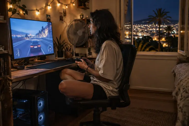 Une jeune femme joue à un jeu de course à la manette devant son écran, le soir, dans un petit appartement niçois aux fenêtres ouvertes